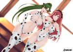  2girls animal_ears animal_print arm_behind_back bangs bell breasts cherche_(fire_emblem) clothing_cutout collarbone cow_ears cow_horns cow_print cowbell ear_tag elbow_gloves fire_emblem fire_emblem:_the_blazing_blade fire_emblem_awakening fire_emblem_heroes gloves green_eyes green_hair hand_on_hip highres horns kaos_art large_breasts long_hair lyn_(fire_emblem) multiple_girls navel neck_bell one-piece_swimsuit open_mouth parted_lips ponytail red_eyes red_hair revealing_clothes side-by-side smile swimsuit thighhighs two-tone_swimsuit 
