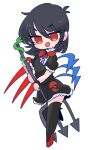 1girl asymmetrical_wings black_dress black_hair black_legwear blue_wings bow bowtie buttons center_frills dress footwear_bow frilled_dress frills highres houjuu_nue mary_janes op_na_yarou pointy_ears polearm red_bow red_eyes red_footwear red_neckwear red_wings sailor shoes short_dress short_hair short_sleeves simple_background snake thighhighs touhou trident weapon white_background wings wristband 
