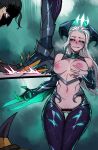  1boy 1girl :q bar_censor black_sclera blush censored claws colored_sclera crushing detached_sleeves elbow_gloves gloves green_eyes grey_hair hair_slicked_back halo hand_up high_heels highres horns league_of_legends licking_lips long_hair navel nipples nude open_pants pants purple_pants ratatatat74 scales self_fondle shyvana single_detached_sleeve single_elbow_glove smile solo_focus standing tongue tongue_out wide-eyed 