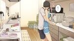  1boy 1girl black_hair black_shorts blue_dress bottle bowl brown_hair dress food frying_pan hetero hug hug_from_behind indoors kiss kiss_from_behind kitchen microwave original ponytail shirt short_hair short_sleeves shorts sleeveless sleeveless_dress t-shirt wakamatsu372 