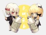  2girls bangs blonde_hair bottle braid buttons chibi drinking_straw green_eyes hat long_sleeves multiple_girls original red_eyes shirt short_hair short_hair_with_long_locks suteinua white_hair white_headwear white_legwear white_shirt 