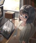  1girl bangs black_hair blue_eyes blush breasts brown_dress closed_mouth collarbone commentary_request cup day drawing_tablet dress eyebrows_visible_through_hair glasses grey_jacket hand_up highres holding holding_stylus indoors jacket keyboard_(computer) long_sleeves looking_at_viewer mimikaki_(men_bow) monitor mug open_clothes open_jacket original recursion small_breasts smile solo stylus sunlight table window 