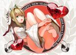  1girl ahoge bangs bare_shoulders barefoot blonde_hair blush breasts detached_collar detached_sleeves fate/extra fate/extra_ccc fate/grand_order fate_(series) feet flower_wreath gem green_eyes hair_between_eyes hair_intakes happy_new_year head_wreath heart large_breasts legs leotard long_hair looking_at_viewer nero_claudius_(bride)_(fate) nero_claudius_(fate)_(all) new_year open_mouth puffy_sleeves ruby_(gemstone) smile soles toes veil white_leotard wide_sleeves ysmmzr 