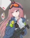  1girl 4urora absurdres bangs blush breasts brown_jacket card closed_mouth eyebrows_visible_through_hair eyewear_on_head girls&#039;_frontline grey_background highres holding holding_weapon jacket long_hair looking_away pink_hair playing_card police police_uniform red_eyes shirt sig_mcx_(girls&#039;_frontline) solo uniform weapon white_shirt 