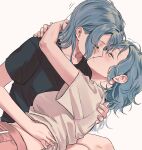  2girls absurdres arms_around_neck bang_dream! bangs beige_background black_shirt blue_hair blush closed_eyes collarbone commentary_request eyebrows_visible_through_hair french_kiss grey_shirt hand_on_another&#039;s_back hand_on_another&#039;s_stomach highres hikawa_hina hikawa_sayo hug incest kiss korean_commentary long_hair lying_on_lap multiple_girls profile saliva shirt short_hair short_sleeves siblings simple_background sisters t-shirt tongue twincest twins yuri zihacheol 