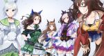  5girls absurdres animal_ears black_gloves blue_eyes breasts brown_hair cleavage clenched_hands coat cropped_jacket dress el_condor_pasa_(umamusume) gloves grass_wonder_(umamusume) green_dress grin hair_ornament hairclip hand_on_hip highres horse_ears horse_tail huge_filesize king_halo_(umamusume) long_hair multiple_girls pantyhose pleated_skirt purple_eyes red_coat red_eyes seisei_tamago seiun_sky_(umamusume) silver_hair skirt smile special_week_(umamusume) tail thighhighs umamusume wrist_cuffs 
