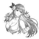  artist_name bangs breasts cleavage clothing_cutout collarbone erinys_(fire_emblem) eyebrows_visible_through_hair fire_emblem fire_emblem:_genealogy_of_the_holy_war floating_hair flower greyscale hair_ribbon head_tilt long_hair medium_breasts moize_opel monochrome o-ring parted_lips ribbon underboob_cutout 