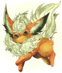 animal_focus closed_mouth commentary_request flareon fluffy full_body gen_1_pokemon gradient gradient_background green_eyes happy highres looking_at_viewer marker_(medium) mofuo no_humans pokemon pokemon_(creature) simple_background smile solo standing traditional_media white_background 