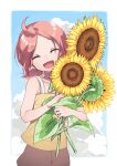  1girl brown_shorts camisole closed_eyes cloud cowboy_shot flower highres holding holding_flower leaf luoxiaobai open_mouth osushi_templa pink_hair short_hair shorts smile solo sunflower the_legend_of_luo_xiaohei yellow_camisole yellow_flower 