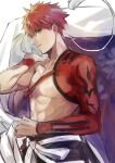  1boy bangs emiya_shirou fate/grand_order fate_(series) holding igote limited/zero_over looking_at_viewer male_focus parted_lips red_hair sengo_muramasa_(fate) shima_f0509 sketch solo spiked_hair toned toned_male upper_body wristband yellow_eyes 