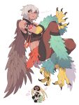 2girls abs absurdres animal_feet arm_strap arm_tattoo bare_shoulders bird_legs blonde_hair brown_feathers brown_wings character_request claws commentary copyright_request feathered_wings feathers green_feathers grey_hair harpy highres inu_fuji midriff monster_girl multiple_girls muscular muscular_female pointy_ears red_eyes shadow short_hair simple_background talons tan tattoo white_background wings 