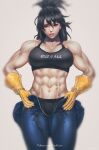  1girl abs black_hair boku_no_hero_academia breasts gloves highres kuon_(kwonchanji) large_breasts lips long_hair mole mole_under_mouth muscular muscular_female realistic shimura_nana smile solo sports_bra track_suit undressing yellow_gloves 