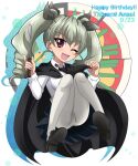  1girl anchovy_(girls_und_panzer) anzio_(emblem) anzio_school_uniform cape character_name commentary dated dress_shirt drill_hair emblem english_text floating girls_und_panzer hair_ribbon hanzou happy_birthday highres long_hair long_sleeves looking_at_viewer necktie one_eye_closed panties panties_under_pantyhose pantyhose pleated_skirt ribbon riding_crop school_uniform shirt shoes skirt solo twin_drills twintails underwear 