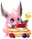  blue_eyes blueberry cherry commentary cream english_commentary fluffy food food_focus fruit gen_1_pokemon happy heart highres leaf marker_(medium) mint mofuo open_mouth oversized_food pancake pokemon pokemon_(creature) simple_background smile solo standing star_(symbol) star_in_eye strawberry symbol_in_eye traditional_media white_background wigglytuff 