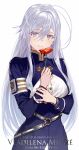  1girl 86_-eightysix- ahoge breasts character_name closed_mouth commentary_request copyright_name flower grey_eyes hair_between_eyes hands_on_own_chest happy_birthday holding holding_flower long_hair long_sleeves military military_uniform o-ring_belt red_flower shirabi silver_hair simple_background smile solo uniform upper_body vladilena_millize white_background 