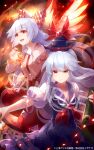  2girls 60mai bangs closed_mouth eyebrows_visible_through_hair fujiwara_no_mokou hair_between_eyes imperishable_night kamishirasawa_keine long_hair multiple_girls open_mouth smile touhou white_hair 