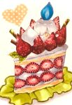  blue_fire cake cake_slice candle closed_mouth commentary_request cream fire food food_focus fruit gen_5_pokemon happy heart highres in_food leaf litwick marker_(medium) mint mofuo no_humans pokemon pokemon_(creature) polka_dot simple_background smile solo strawberry traditional_media wafer_stick white_background yellow_eyes 