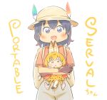  2girls :d animal_ears backpack bag bangs black_gloves black_hair blonde_hair blue_eyes blush bow bowtie chibi commentary_request cowboy_shot english_text extra_ears gloves hair_between_eyes hat hat_feather holding holding_another kaban_(kemono_friends) kemono_friends looking_at_viewer minigirl multiple_girls open_mouth print_legwear print_skirt red_shirt serval_(kemono_friends) serval_ears serval_print serval_tail shirt short_sleeves shorts simple_background skirt smile tail wamakwp white_background white_headwear white_shorts yellow_eyes 