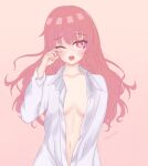  1girl bangs blush breasts collared_shirt hair_between_eyes highres long_hair looking_at_viewer louise_francoise_le_blanc_de_la_valliere md5_mismatch no_bra open_clothes open_mouth pink_eyes pink_hair shirt sleepy small_breasts sute1shya tsundere wavy_hair wavy_mouth white_shirt zero_no_tsukaima 