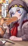  1girl absurdres alternate_costume blue_eyes bread english_text eyebrows_visible_through_hair food hat highres holding holding_food light_particles neckerchief oguri_cap_(umamusume) red_neckwear silver_hair smock solo tamukoro tongs translated umamusume 