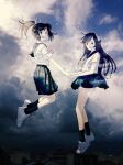  2girls cloud cloudy_sky dated headgear highres holding_hands i-400_(kancolle) i-401_(kancolle) kantai_collection kneehighs kokudou_juunigou long_hair multiple_girls open_mouth outdoors photo-referenced photo_background pleated_skirt ponytail sailor_collar school_uniform serafuku shoes short_sleeves skirt sky smile sneakers twitter_username white_footwear 