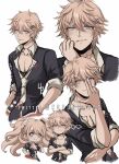  1boy 1girl bangs bear_hair_ornament black_choker black_neckwear black_shirt blonde_hair blue_eyes breasts choker cleavage closed_mouth collarbone commentary criis-chan cropped_legs cropped_shoulders cropped_torso crossed_arms danganronpa:_trigger_happy_havoc danganronpa_(series) enoshima_junko eyebrows_visible_through_hair genderswap genderswap_(ftm) grey_background hair_ornament hairclip hand_on_hip hand_on_own_face hand_up hands_in_pockets long_hair looking_at_viewer multiple_views necktie parted_lips pectorals red_skirt shiny shiny_hair shirt short_hair simple_background skirt sleeves_pushed_up smile twintails twitter_username v white_background white_neckwear x_hair_ornament 