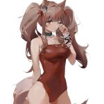  1girl angelina_(arknights) angelina_(summer_flowers)_(arknights) animal_ears arknights bangs bare_arms bare_shoulders black_choker brown_eyes brown_hair choker commentary cowboy_shot dog_tags fox_ears hair_ribbon hand_up infection_monitor_(arknights) long_hair looking_at_viewer one-piece_swimsuit one_eye_closed red_ribbon red_swimsuit ribbon simple_background solo spaghetti_strap standing swimsuit symbol_commentary twintails white_background yuan_(ziranran) 