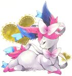  animal_focus closed_eyes closed_mouth commentary from_side full_body gen_6_pokemon happy heart heart_background highres lying mofuo no_humans on_stomach pokemon pokemon_(creature) profile simple_background smile solo sylveon symbol_commentary white_background 