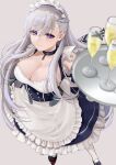  1girl absurdres apron apron_hold azur_lane bare_shoulders belfast_(azur_lane) blurry blurry_foreground braid breasts broken broken_chain chain champagne_flute choker cleavage cup dress drinking_glass eyebrows_visible_through_hair french_braid frilled_apron frills from_above full_body highres holding holding_tray large_breasts light_purple_hair looking_at_viewer looking_up maid_apron maid_headdress oshida_bob purple_choker purple_dress purple_eyes rudder_footwear sleeveless sleeveless_dress solo tray waist_apron white_apron white_legwear 