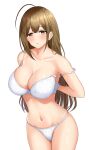  1girl ahoge arms_behind_back asarime bangs bare_shoulders blush bra breasts brown_eyes brown_hair cleavage collarbone highres idolmaster idolmaster_shiny_colors kuwayama_chiyuki large_breasts long_hair looking_at_viewer navel panties parted_lips solo thighs underwear white_bra white_panties 