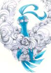  altaria animal_focus backlighting blue_eyes blush_stickers closed_mouth commentary_request fluffy from_below gen_3_pokemon highres marker_(medium) mofuo no_humans pokemon pokemon_(creature) simple_background solo traditional_media white_background 