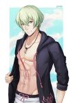  1boy abs artist_name beach byleth_(fire_emblem) byleth_(fire_emblem)_(male) collarbone exposed_muscle fire_emblem fire_emblem:_three_houses green_eyes green_hair jacket jewelry looking_at_viewer male_swimwear md5_mismatch muscular muscular_male necklace resolution_mismatch sky smile solo source_larger swim_trunks swimsuit 