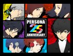  2girls 5boys amamiya_ren amano_maya anniversary artist_request bangs black_hair blue_eyes blue_hair border brown_hair closed_mouth earphones glasses grey_eyes grey_hair hair_between_eyes lips multiple_boys multiple_girls narukami_yuu official_art parted_lips persona persona_1 persona_2 persona_3 persona_3_portable persona_4 persona_5 ponytail red_eyes school_uniform shiomi_kotone star_(symbol) suou_tatsuya toudou_naoya yuuki_makoto 