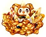  animal_focus banana banana_slice black_sclera blueberry blush brown_theme closed_mouth colored_sclera commentary_request cream crepe dessert food food_focus fruit gen_7_pokemon ice_cream_cone light_blush looking_at_viewer marker_(medium) mofuo no_humans pokemon pokemon_(creature) rowlet simple_background solo traditional_media wafer_stick white_background white_eyes 