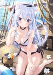  1girl air_bubble animal_ear_fluff animal_ears bangs bare_arms bare_legs barefoot bikini black_bikini black_choker blue_eyes blue_hair blurry blurry_foreground breasts bubble cat_ears cat_girl cat_tail choker cleavage commentary_request cup day drinking_straw eyebrows_visible_through_hair flower full_body hair_between_eyes hair_ornament hair_scrunchie hand_on_own_thigh hand_up hat highres jimmy_madomagi kneeling long_hair medium_breasts mismatched_bikini mole mole_under_eye navel one_side_up original rope sailor_hat scrunchie ship side-tie_bikini solo stomach swimsuit tail tail_raised water watercraft white_bikini white_flower white_headwear 