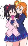  ... 2girls :3 absurdres arms_around_neck black_hair blazer blue_eyes blush_stickers bow cellphone check_commentary commentary_request hair_bow hands_on_another&#039;s_shoulders highres holding holding_phone jacket kousaka_honoka love_live! love_live!_school_idol_project miniskirt multiple_girls orange_hair phone pleated_skirt red_eyes school_uniform side_ponytail simple_background skirt smartphone speech_bubble thighs wewe white_background yazawa_nico 