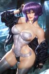  1girl breasts cleavage collarbone cyborg fingerless_gloves ghost_in_the_shell ghost_in_the_shell_stand_alone_complex gloves highleg highleg_leotard jacket kusanagi_motoko leotard looking_at_viewer medium_breasts neoartcore open_mouth pink_eyes purple_hair revealing_clothes short_hair tagme thighhighs 