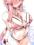  1girl bikini blush breasts cleavage dated hair_over_eyes large_breasts long_hair magia_record:_mahou_shoujo_madoka_magica_gaiden mahou_shoujo_madoka_magica micro_bikini miuku_(marine_sapphire) navel pink_bikini pink_hair ponytail shiny shiny_hair shiny_skin skindentation swimsuit tamaki_iroha 