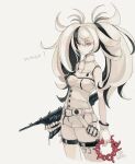  1girl abyssal_ship bangs black_hair breasts closed_mouth colored_skin enemy_lifebuoy_(kancolle) english_text escort_water_princess gloves grey_background hair_between_eyes highres holding kantai_collection kokudou_juunigou long_hair medium_breasts multicolored_hair pale_skin red_eyes shirt shorts simple_background sleeveless sleeveless_shirt streaked_hair thighhighs twintails white_gloves white_hair white_shirt white_shorts white_skin 