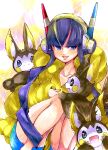  1girl alternate_color bangs black_hair blue_eyes blunt_bangs blush blush_stickers coat collarbone commentary electricity elesa_(pokemon) emolga from_side gen_5_pokemon hands_up happy headphones highres knees_together_feet_apart knees_up long_hair long_sleeves looking_at_viewer mofuo open_mouth pokemon pokemon_(creature) pokemon_(game) pokemon_bw2 profile shiny shiny_pokemon shiny_skin short_jumpsuit sitting smile twintails very_long_hair yellow_background yellow_coat 