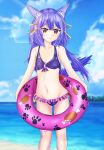  .live 1girl :&gt; animal_ears beach blurry blurry_background blush breasts cloud collarbone highres innertube purple_hair rurun_rururica sky small_breasts smile solo swimsuit tail virtual_youtuber wolf_ears wolf_tail yellow_eyes 