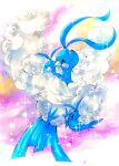  altaria animal_focus blue_eyes closed_eyes closed_mouth commentary fluffy from_side full_body gen_3_pokemon highres jpeg_artifacts looking_at_another marker_(medium) mofuo no_humans pink_background pokemon pokemon_(creature) sparkle star_(symbol) swablu traditional_media 
