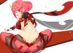  1girl bangs black_gloves breasts earrings fingerless_gloves gloves jellcaps jewelry large_breasts pantyhose pyra_(xenoblade) red_eyes red_hair red_legwear red_shorts short_hair short_shorts shorts smash_invitation solo super_smash_bros. swept_bangs thighhighs tiara xenoblade_chronicles_(series) xenoblade_chronicles_2 