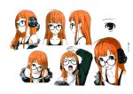  1girl :p absurdres bangs bare_shoulders black-framed_eyewear blunt_bangs character_sheet expressions glasses highres huge_filesize long_hair multiple_views official_art orange_hair persona persona_5 portrait production_art sakura_futaba scan simple_background tongue tongue_out turnaround white_background yawning zip_available 