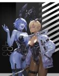  2girls :d animal_ears bare_shoulders blonde_hair blue_eyes blue_hair blue_skin breasts bunny_ears bunny_tail cleavage colored_skin covered_navel dark-skinned_female dark_skin earrings fang hand_in_hair holding holding_sword holding_weapon horns jacket jewelry looking_at_viewer multiple_girls ohayosayonara open_mouth original playboy_bunny pointy_ears purple_eyes short_hair smile sword tail teeth weapon 