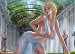  1girl alexander_dinh all_fours aphrodite_(shuumatsu_no_valkyrie) bare_shoulders blonde_hair blue_eyes bracelet breast_grab breasts collarbone commentary covered_nipples dress english_commentary fingernails flower grabbing grass hair_flower hair_ornament huge_breasts jewelry kneeling looking_at_viewer navel parted_lips patreon_username photoshop_(medium) shuumatsu_no_valkyrie sideboob signature sleeveless statue white_dress 