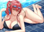  1girl azur_lane barefoot bikini black_bikini breasts cleavage full_body goggles goggles_on_head highres huge_breasts italian_flag long_hair looking_at_viewer multi-strapped_bikini multiple_straps o-ring o-ring_bikini official_alternate_costume poolside pulled_by_self red_hair side_ponytail solo string_pull swimsuit togare wet yellow_eyes zara_(azur_lane) zara_(poolside_coincidence)_(azur_lane) 