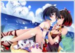  2girls antenna_hair bangs bare_shoulders beach big_lazy_duck bird blue_dress blue_eyes blue_hair blue_sky blush breasts cleavage closed_mouth cloud cloudy_sky dress dual_persona full_body grin hair_between_eyes hair_ornament highres honkai_(series) honkai_impact_3rd index_finger_raised innertube leaf looking_at_viewer multiple_girls ocean one_eye_closed outdoors red_dress red_eyes red_hair sand sandals seele_(alter_ego) seele_vollerei short_hair sitting sky smile summer summer_uniform sundress teeth 