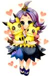  1girl :3 acerola_(pokemon) ahoge back_bow black_dress black_eyes blue_eyes blush_stickers bow child closed_mouth collarbone commentary dress full_body gen_7_pokemon hair_ornament happy heart heart_background highres holding holding_pokemon looking_at_viewer marker_(medium) mimikyu mofuo pokemon pokemon_(creature) pokemon_(game) pokemon_sm purple_footwear purple_hair red_bow sandals short_hair simple_background smile standing striped striped_bow traditional_media trial_captain wavy_mouth white_background 