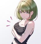  1girl :| arms_under_breasts bare_shoulders black_tank_top blush breasts cleavage closed_mouth collarbone crossed_arms green_eyes green_hair idolmaster idolmaster_shiny_colors looking_at_viewer looking_to_the_side medium_breasts midriff nanakusa_nichika navel notice_lines off_shoulder shiny shiny_hair short_hair simple_background sogdin solo tank_top upper_body 